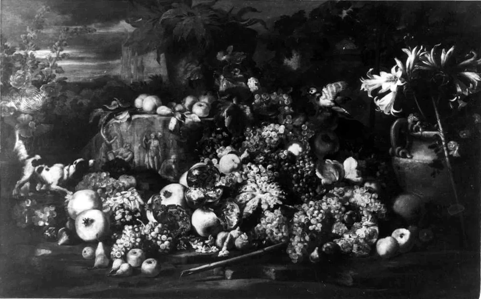 Natura morta di frutta e fiori con cane - Collezione Camillo D'Errico, Matera